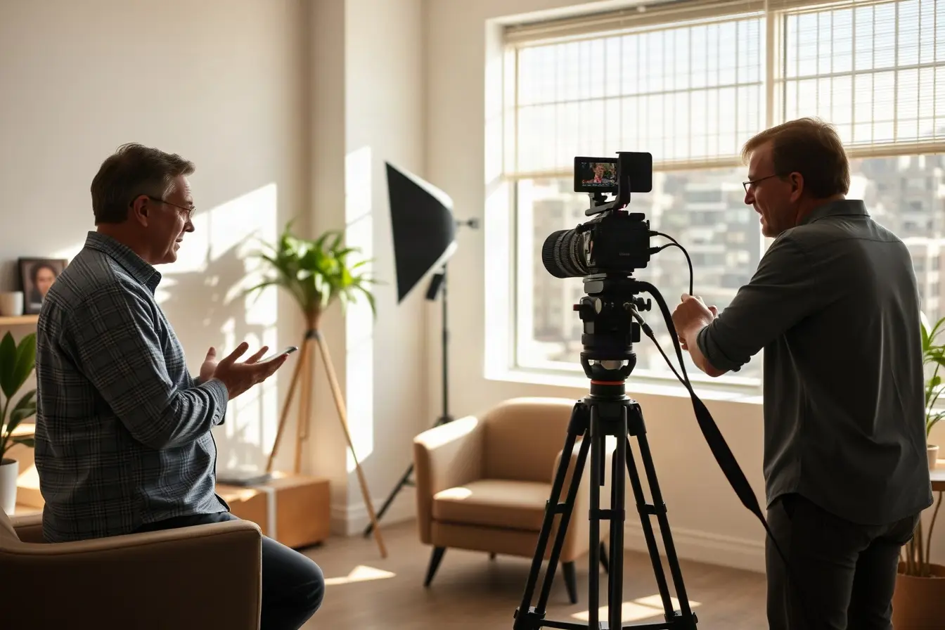 A small video crew filming a client interview in a sunlit Oakland office