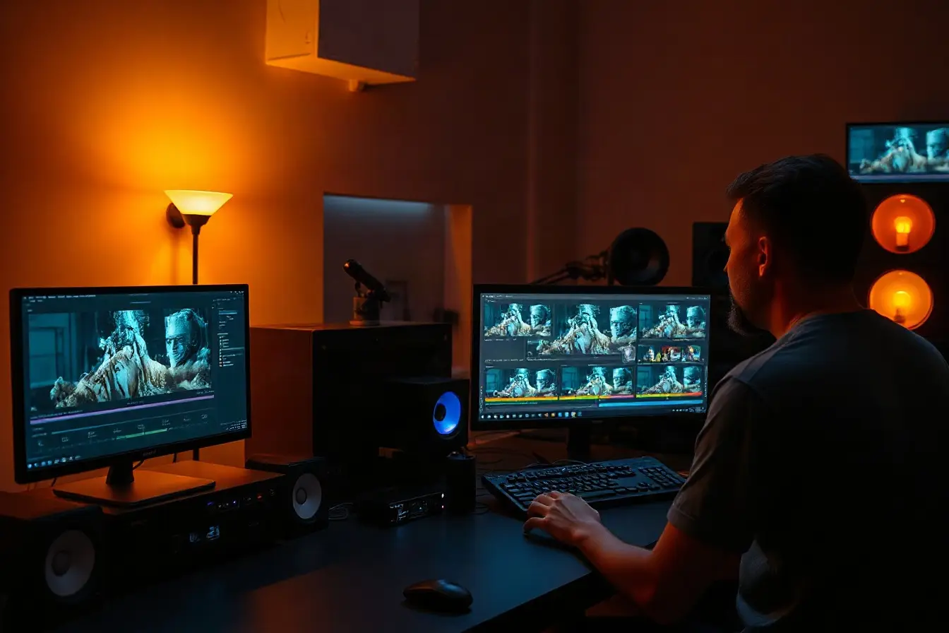An editing suite at dusk