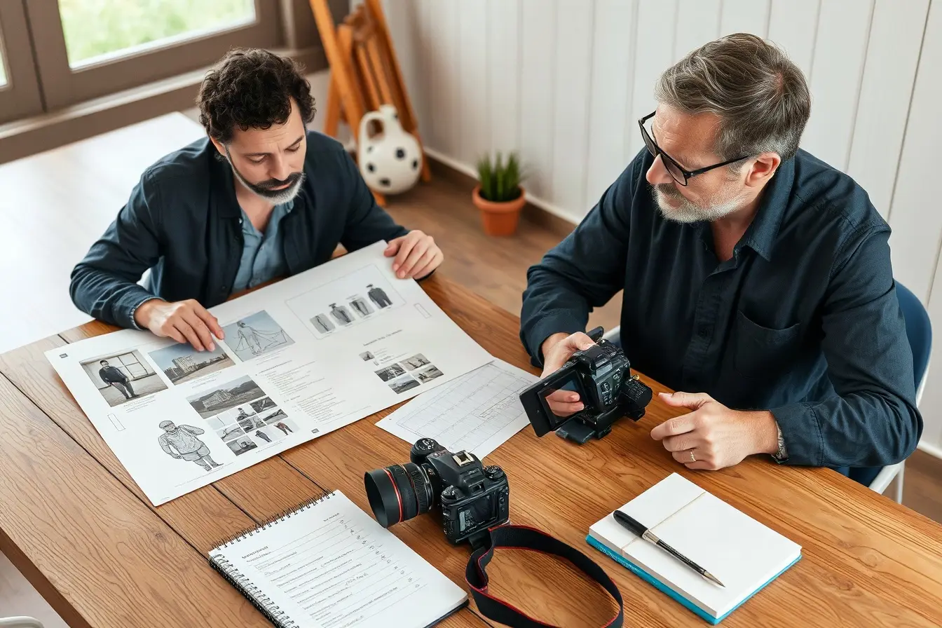 Two creative producers reviewing a storyboard and shot list at a wooden table with a camera